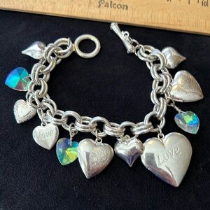Handmade silver plated locket charm bracelet puffy hearts 8”
